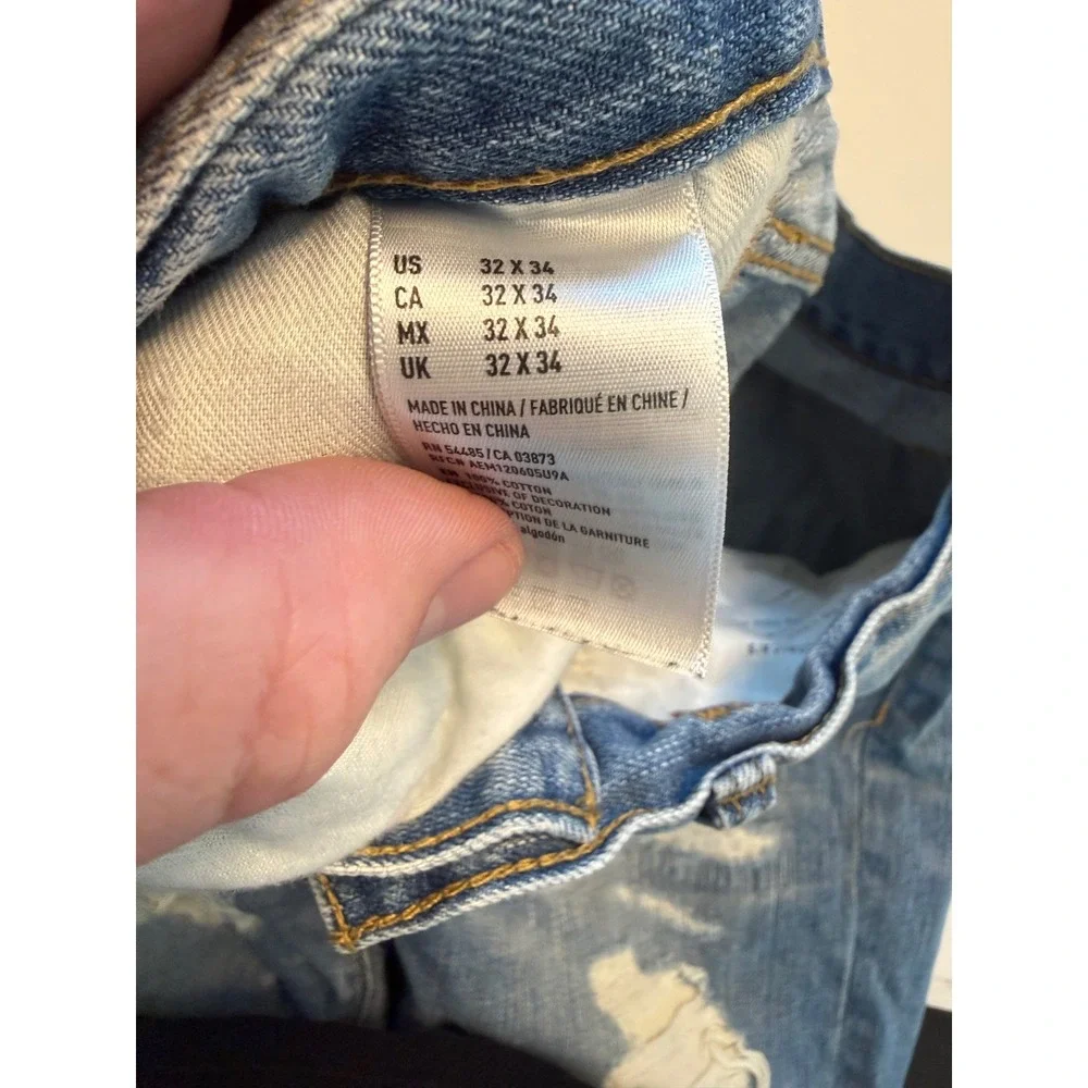 American Eagle Distressed Straight Leg Jeans Mens 32x34 Blue Denim Raw Hem